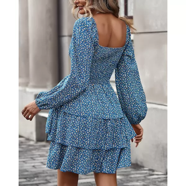 imageBTFBM Women Square Neck Smocked Summer Fall Dresses 2023 Long Sleeve Floral Swiss Dot Ruffle Party Mini Babydoll DressFloral Royal Blue