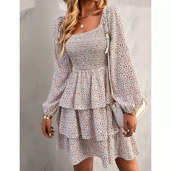 imageBTFBM Women Square Neck Smocked Summer Fall Dresses 2023 Long Sleeve Floral Swiss Dot Ruffle Party Mini Babydoll DressFloral White Red