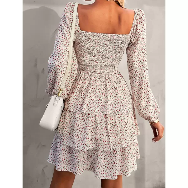 imageBTFBM Women Square Neck Smocked Summer Fall Dresses 2023 Long Sleeve Floral Swiss Dot Ruffle Party Mini Babydoll DressFloral White Red