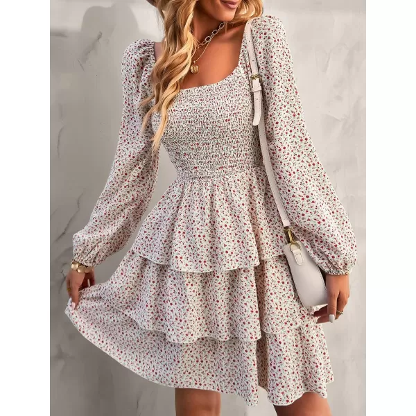 imageBTFBM Women Square Neck Smocked Summer Fall Dresses 2023 Long Sleeve Floral Swiss Dot Ruffle Party Mini Babydoll DressFloral White Red
