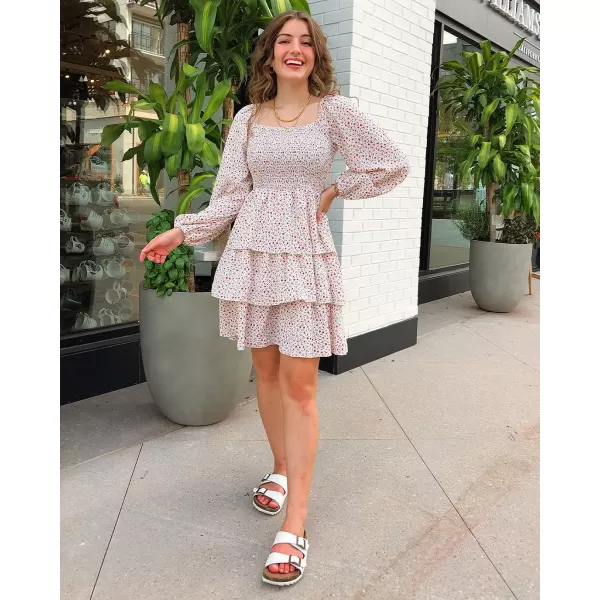imageBTFBM Women Square Neck Smocked Summer Fall Dresses 2023 Long Sleeve Floral Swiss Dot Ruffle Party Mini Babydoll DressFloral White Red