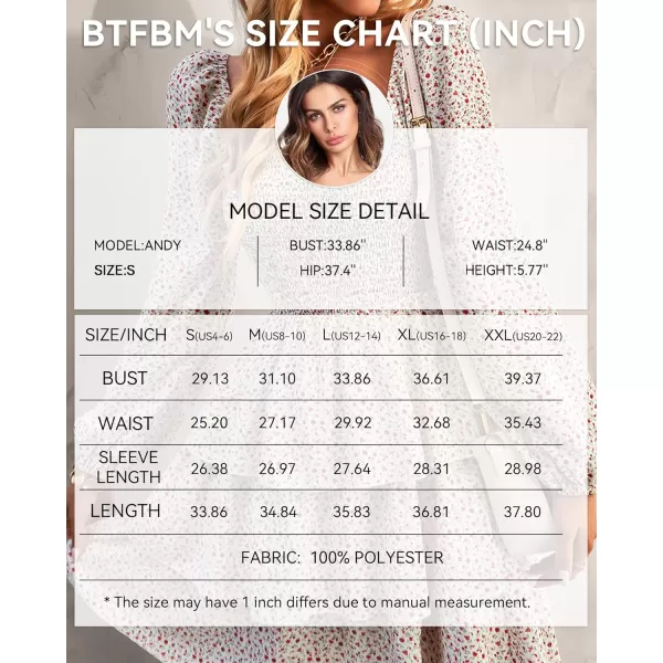 imageBTFBM Women Square Neck Smocked Summer Fall Dresses 2023 Long Sleeve Floral Swiss Dot Ruffle Party Mini Babydoll DressFloral White Red