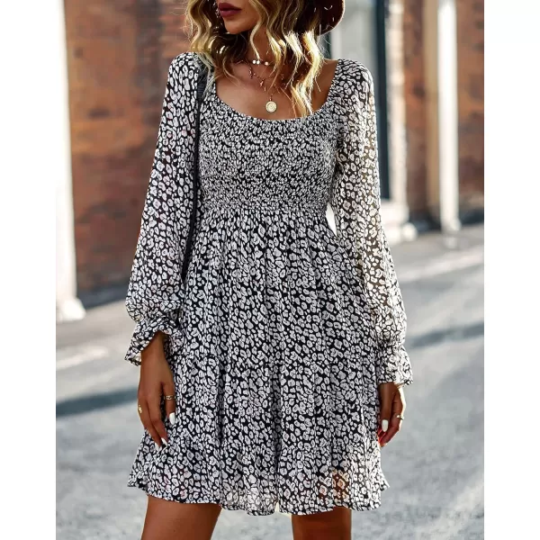 imageBTFBM Women Square Neck Smocked Summer Fall Dresses 2023 Long Sleeve Floral Swiss Dot Ruffle Party Mini Babydoll DressPrint Flower Black