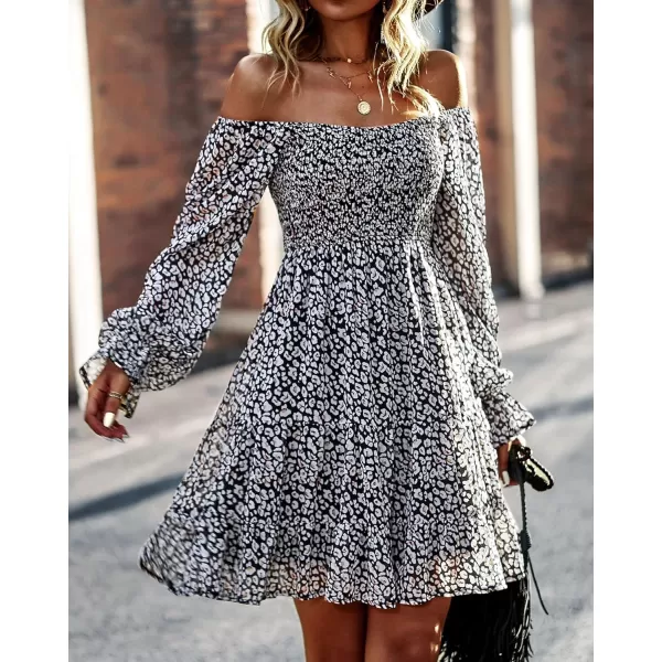 imageBTFBM Women Square Neck Smocked Summer Fall Dresses 2023 Long Sleeve Floral Swiss Dot Ruffle Party Mini Babydoll DressPrint Flower Black