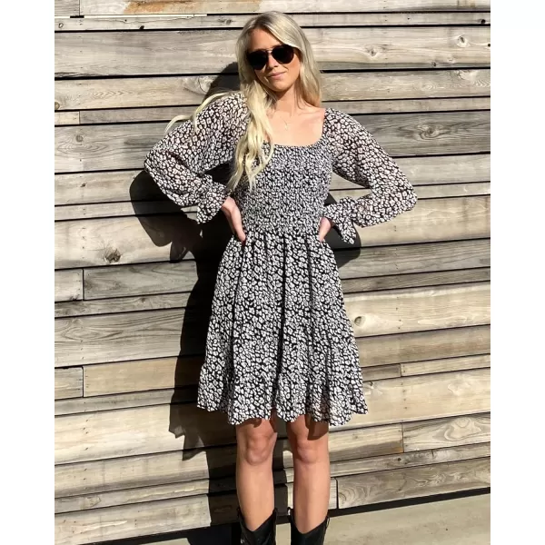 imageBTFBM Women Square Neck Smocked Summer Fall Dresses 2023 Long Sleeve Floral Swiss Dot Ruffle Party Mini Babydoll DressPrint Flower Black