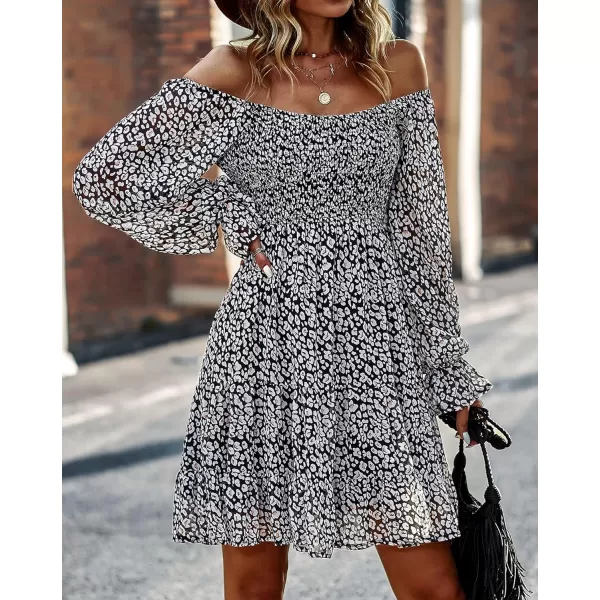 imageBTFBM Women Square Neck Smocked Summer Fall Dresses 2023 Long Sleeve Floral Swiss Dot Ruffle Party Mini Babydoll DressPrint Flower Black