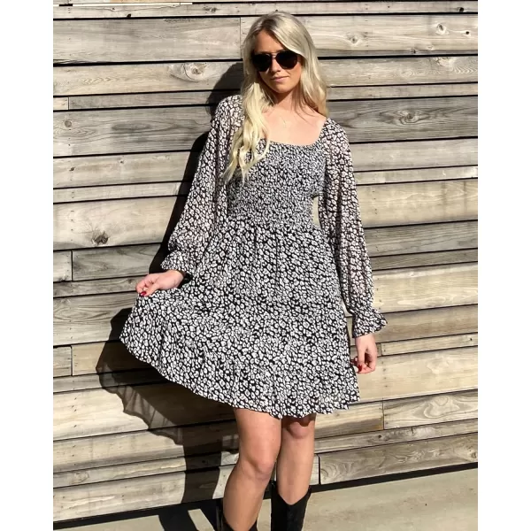 imageBTFBM Women Square Neck Smocked Summer Fall Dresses 2023 Long Sleeve Floral Swiss Dot Ruffle Party Mini Babydoll DressPrint Flower Black
