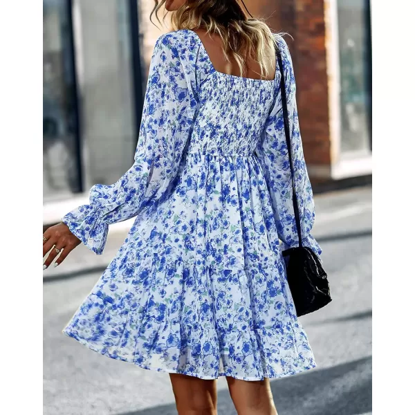 imageBTFBM Women Square Neck Smocked Summer Fall Dresses 2023 Long Sleeve Floral Swiss Dot Ruffle Party Mini Babydoll DressPrint Flower Blue
