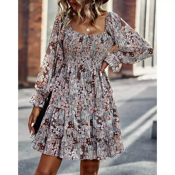 imageBTFBM Women Square Neck Smocked Summer Fall Dresses 2023 Long Sleeve Floral Swiss Dot Ruffle Party Mini Babydoll DressPrint Flower Brown