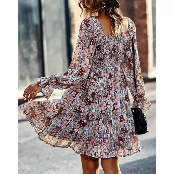 imageBTFBM Women Square Neck Smocked Summer Fall Dresses 2023 Long Sleeve Floral Swiss Dot Ruffle Party Mini Babydoll DressPrint Flower Brown
