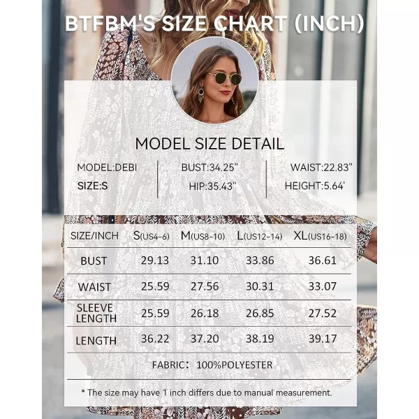 imageBTFBM Women Square Neck Smocked Summer Fall Dresses 2023 Long Sleeve Floral Swiss Dot Ruffle Party Mini Babydoll DressPrint Flower Brown