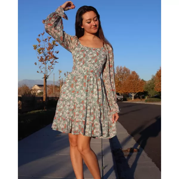 imageBTFBM Women Square Neck Smocked Summer Fall Dresses 2023 Long Sleeve Floral Swiss Dot Ruffle Party Mini Babydoll DressPrint Flower Green