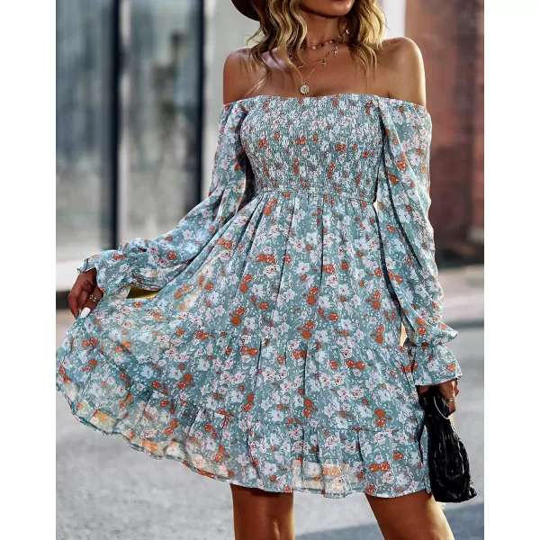 imageBTFBM Women Square Neck Smocked Summer Fall Dresses 2023 Long Sleeve Floral Swiss Dot Ruffle Party Mini Babydoll DressPrint Flower Green
