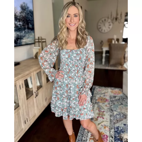 imageBTFBM Women Square Neck Smocked Summer Fall Dresses 2023 Long Sleeve Floral Swiss Dot Ruffle Party Mini Babydoll DressPrint Flower Green