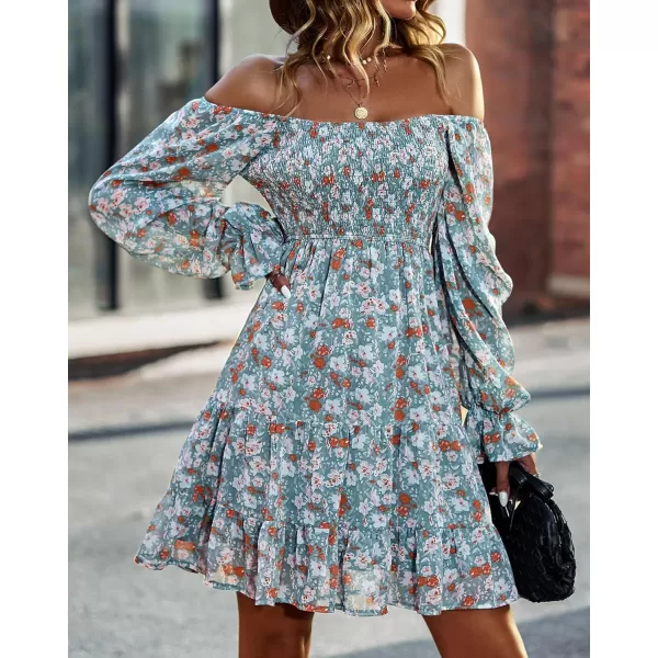 imageBTFBM Women Square Neck Smocked Summer Fall Dresses 2023 Long Sleeve Floral Swiss Dot Ruffle Party Mini Babydoll DressPrint Flower Green