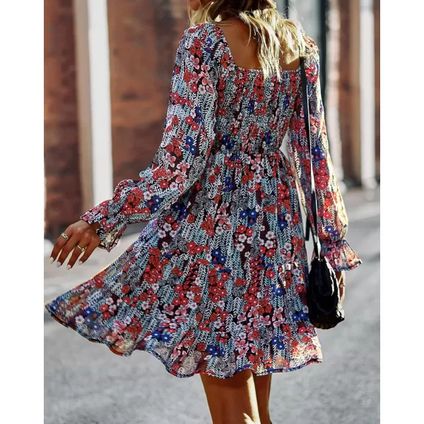 imageBTFBM Women Square Neck Smocked Summer Fall Dresses 2023 Long Sleeve Floral Swiss Dot Ruffle Party Mini Babydoll DressPrint Flower Red