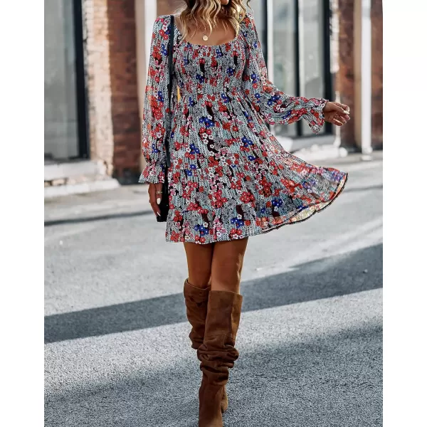 imageBTFBM Women Square Neck Smocked Summer Fall Dresses 2023 Long Sleeve Floral Swiss Dot Ruffle Party Mini Babydoll DressPrint Flower Red