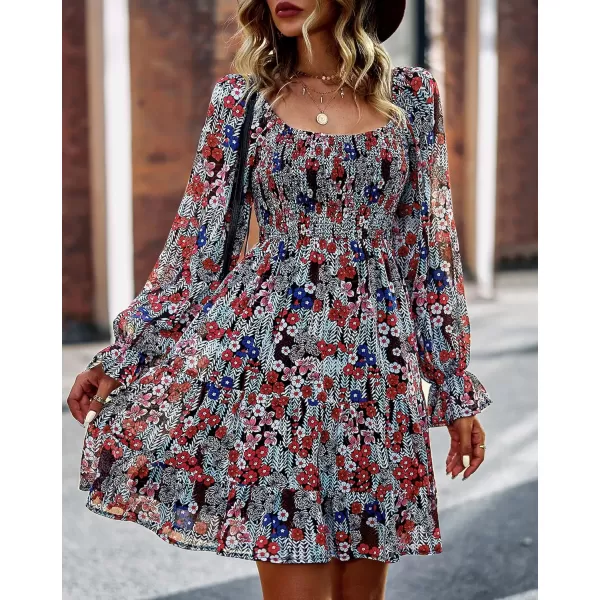 imageBTFBM Women Square Neck Smocked Summer Fall Dresses 2023 Long Sleeve Floral Swiss Dot Ruffle Party Mini Babydoll DressPrint Flower Red
