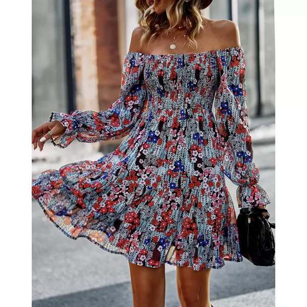 imageBTFBM Women Square Neck Smocked Summer Fall Dresses 2023 Long Sleeve Floral Swiss Dot Ruffle Party Mini Babydoll DressPrint Flower Red