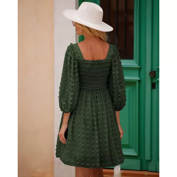 imageBTFBM Women Square Neck Smocked Summer Fall Dresses 2023 Long Sleeve Floral Swiss Dot Ruffle Party Mini Babydoll DressSwiss Dot Army Green
