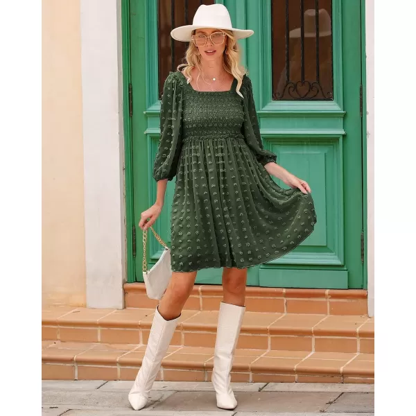 imageBTFBM Women Square Neck Smocked Summer Fall Dresses 2023 Long Sleeve Floral Swiss Dot Ruffle Party Mini Babydoll DressSwiss Dot Army Green