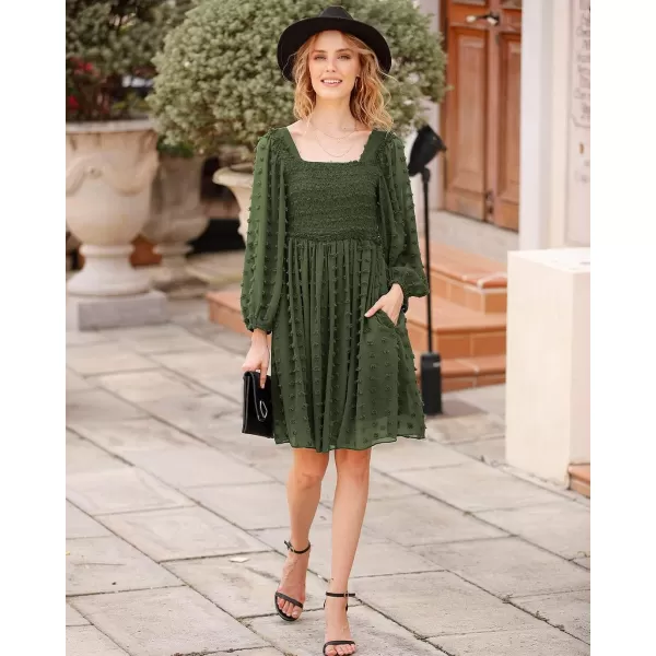 imageBTFBM Women Square Neck Smocked Summer Fall Dresses 2023 Long Sleeve Floral Swiss Dot Ruffle Party Mini Babydoll DressSwiss Dot Army Green