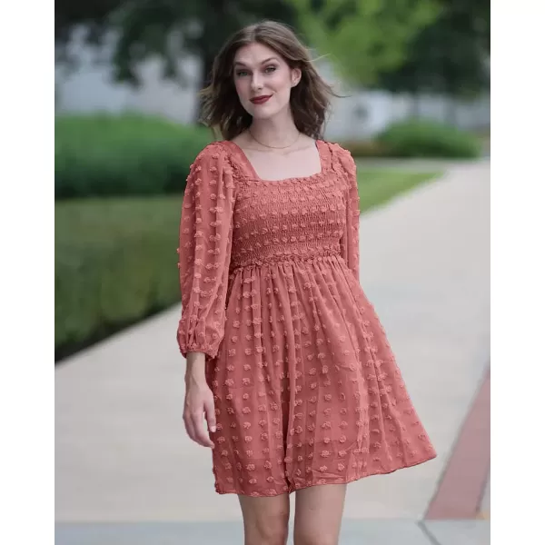 imageBTFBM Women Square Neck Smocked Summer Fall Dresses 2023 Long Sleeve Floral Swiss Dot Ruffle Party Mini Babydoll DressSwiss Dot Bean Paste Red