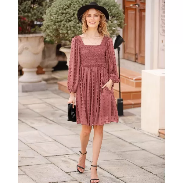 imageBTFBM Women Square Neck Smocked Summer Fall Dresses 2023 Long Sleeve Floral Swiss Dot Ruffle Party Mini Babydoll DressSwiss Dot Bean Paste Red