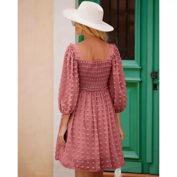 imageBTFBM Women Square Neck Smocked Summer Fall Dresses 2023 Long Sleeve Floral Swiss Dot Ruffle Party Mini Babydoll DressSwiss Dot Bean Paste Red