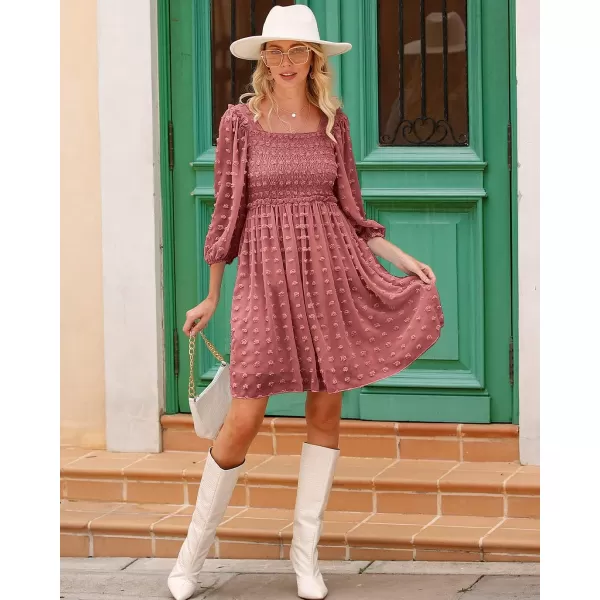 imageBTFBM Women Square Neck Smocked Summer Fall Dresses 2023 Long Sleeve Floral Swiss Dot Ruffle Party Mini Babydoll DressSwiss Dot Bean Paste Red