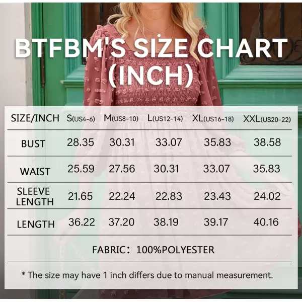 imageBTFBM Women Square Neck Smocked Summer Fall Dresses 2023 Long Sleeve Floral Swiss Dot Ruffle Party Mini Babydoll DressSwiss Dot Bean Paste Red