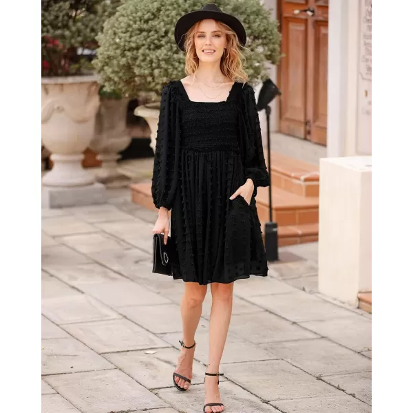imageBTFBM Women Square Neck Smocked Summer Fall Dresses 2023 Long Sleeve Floral Swiss Dot Ruffle Party Mini Babydoll DressSwiss Dot Black