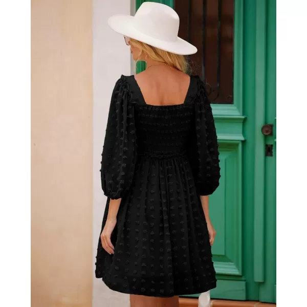 imageBTFBM Women Square Neck Smocked Summer Fall Dresses 2023 Long Sleeve Floral Swiss Dot Ruffle Party Mini Babydoll DressSwiss Dot Black