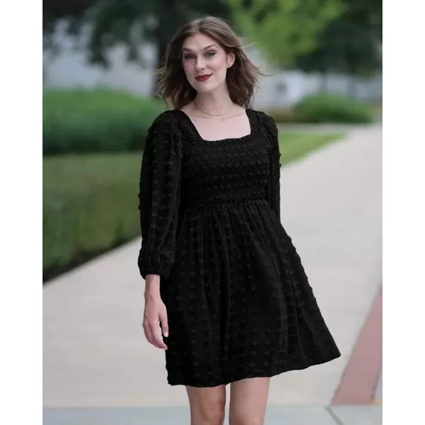 imageBTFBM Women Square Neck Smocked Summer Fall Dresses 2023 Long Sleeve Floral Swiss Dot Ruffle Party Mini Babydoll DressSwiss Dot Black