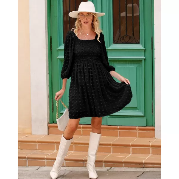 imageBTFBM Women Square Neck Smocked Summer Fall Dresses 2023 Long Sleeve Floral Swiss Dot Ruffle Party Mini Babydoll DressSwiss Dot Black