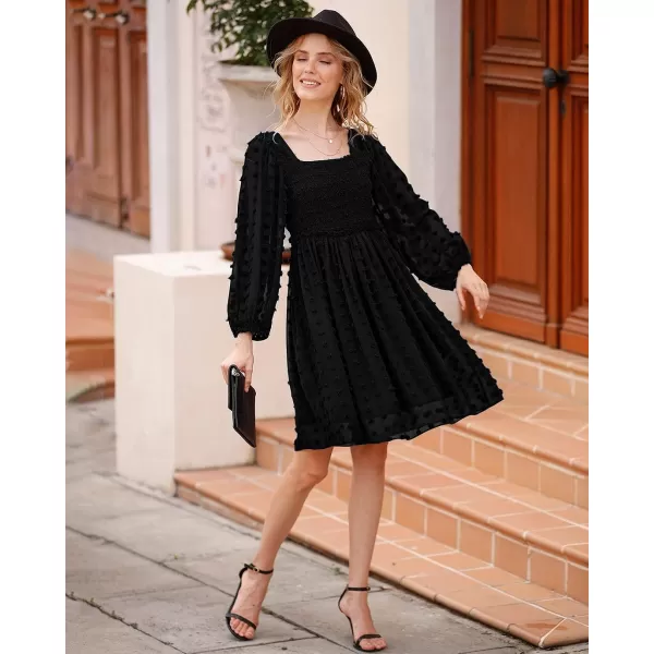 imageBTFBM Women Square Neck Smocked Summer Fall Dresses 2023 Long Sleeve Floral Swiss Dot Ruffle Party Mini Babydoll DressSwiss Dot Black
