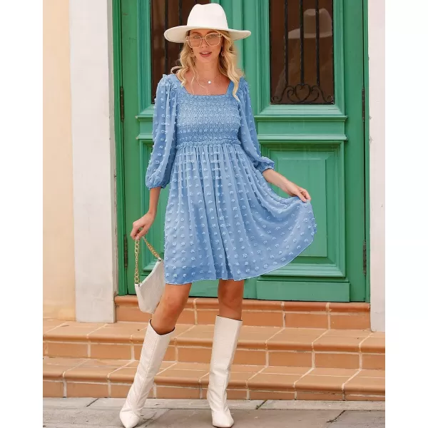 imageBTFBM Women Square Neck Smocked Summer Fall Dresses 2023 Long Sleeve Floral Swiss Dot Ruffle Party Mini Babydoll DressSwiss Dot Blue