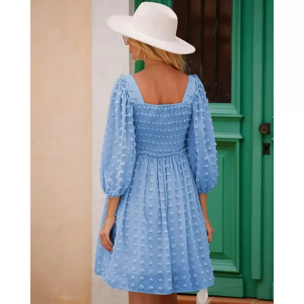 imageBTFBM Women Square Neck Smocked Summer Fall Dresses 2023 Long Sleeve Floral Swiss Dot Ruffle Party Mini Babydoll DressSwiss Dot Blue