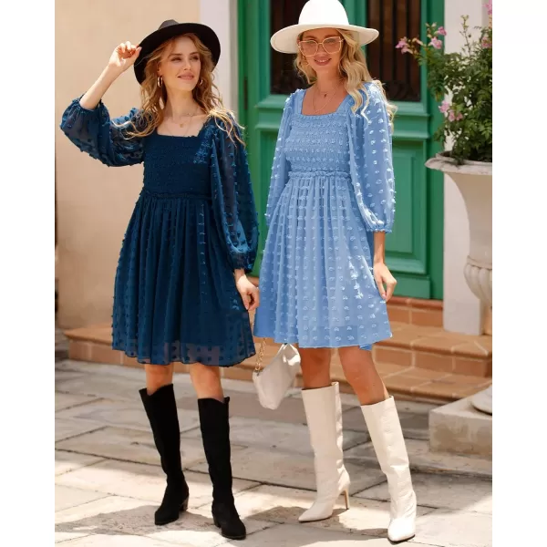 imageBTFBM Women Square Neck Smocked Summer Fall Dresses 2023 Long Sleeve Floral Swiss Dot Ruffle Party Mini Babydoll DressSwiss Dot Blue