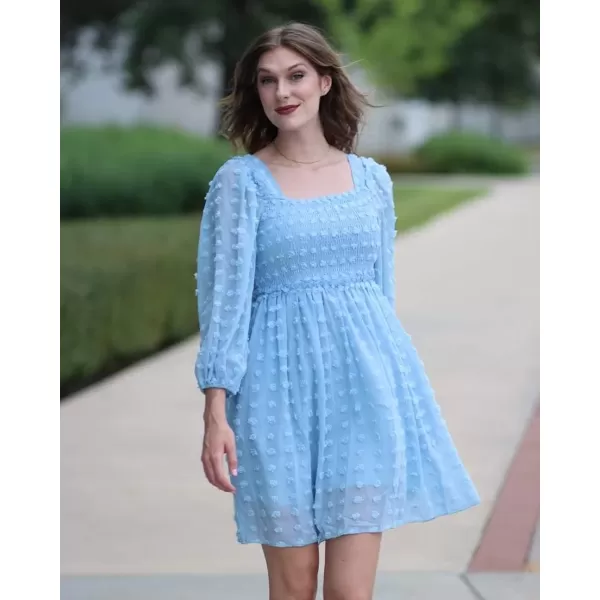 imageBTFBM Women Square Neck Smocked Summer Fall Dresses 2023 Long Sleeve Floral Swiss Dot Ruffle Party Mini Babydoll DressSwiss Dot Blue