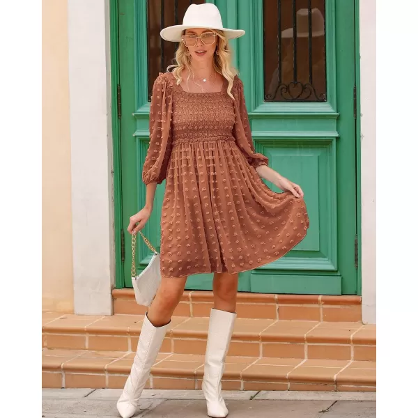 imageBTFBM Women Square Neck Smocked Summer Fall Dresses 2023 Long Sleeve Floral Swiss Dot Ruffle Party Mini Babydoll DressSwiss Dot Brown Orange