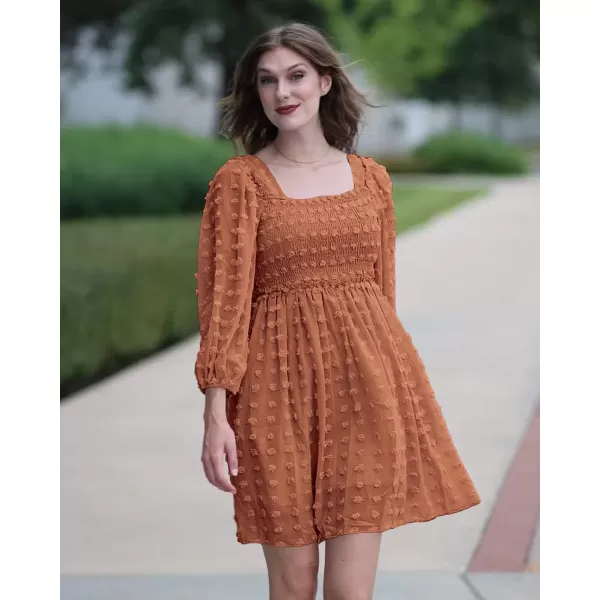 imageBTFBM Women Square Neck Smocked Summer Fall Dresses 2023 Long Sleeve Floral Swiss Dot Ruffle Party Mini Babydoll DressSwiss Dot Brown Orange