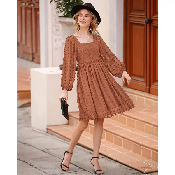 imageBTFBM Women Square Neck Smocked Summer Fall Dresses 2023 Long Sleeve Floral Swiss Dot Ruffle Party Mini Babydoll DressSwiss Dot Brown Orange