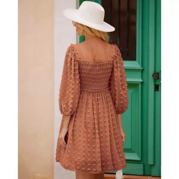 imageBTFBM Women Square Neck Smocked Summer Fall Dresses 2023 Long Sleeve Floral Swiss Dot Ruffle Party Mini Babydoll DressSwiss Dot Brown Orange