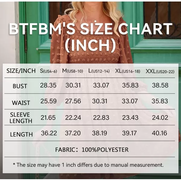imageBTFBM Women Square Neck Smocked Summer Fall Dresses 2023 Long Sleeve Floral Swiss Dot Ruffle Party Mini Babydoll DressSwiss Dot Brown Orange