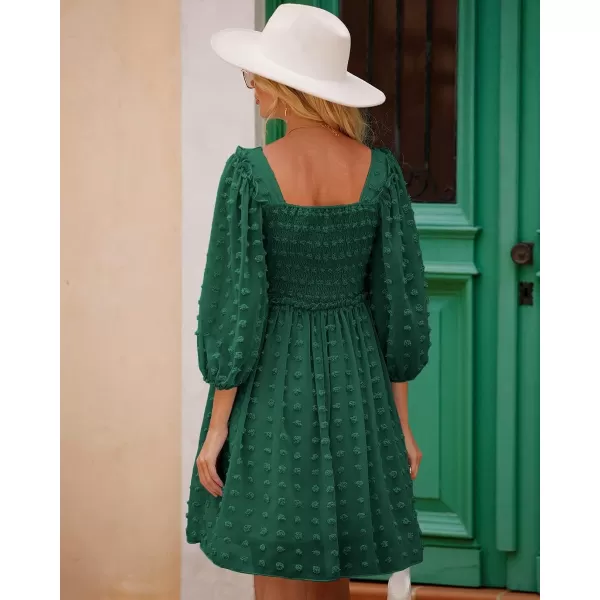 imageBTFBM Women Square Neck Smocked Summer Fall Dresses 2023 Long Sleeve Floral Swiss Dot Ruffle Party Mini Babydoll DressSwiss Dot Dark Green