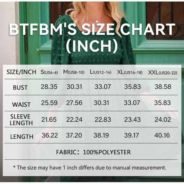 imageBTFBM Women Square Neck Smocked Summer Fall Dresses 2023 Long Sleeve Floral Swiss Dot Ruffle Party Mini Babydoll DressSwiss Dot Dark Green