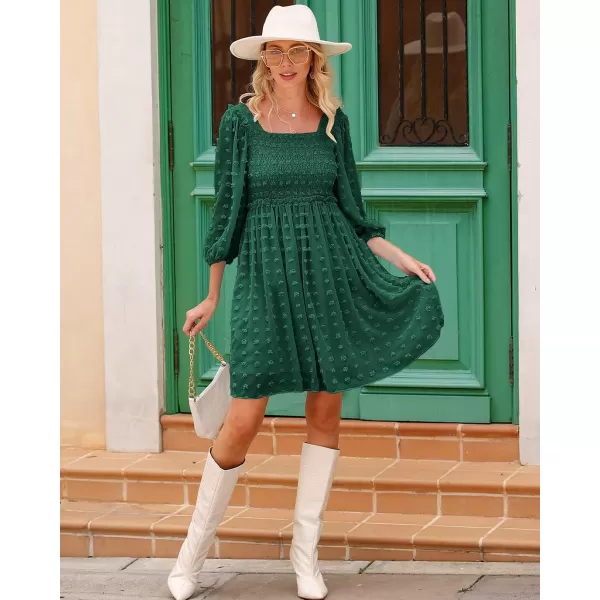 imageBTFBM Women Square Neck Smocked Summer Fall Dresses 2023 Long Sleeve Floral Swiss Dot Ruffle Party Mini Babydoll DressSwiss Dot Dark Green