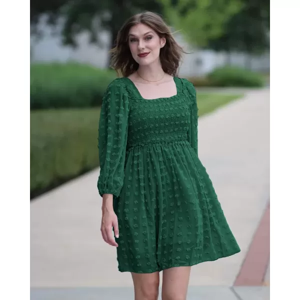 imageBTFBM Women Square Neck Smocked Summer Fall Dresses 2023 Long Sleeve Floral Swiss Dot Ruffle Party Mini Babydoll DressSwiss Dot Dark Green