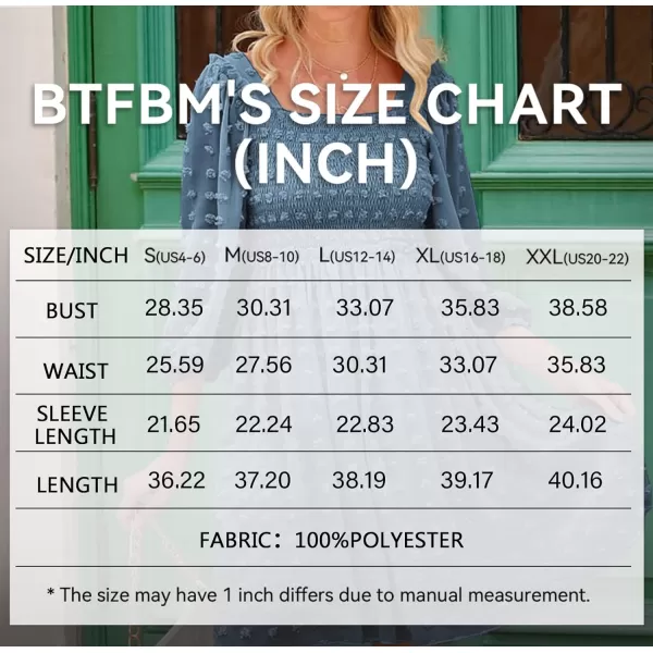 imageBTFBM Women Square Neck Smocked Summer Fall Dresses 2023 Long Sleeve Floral Swiss Dot Ruffle Party Mini Babydoll DressSwiss Dot Grey Blue